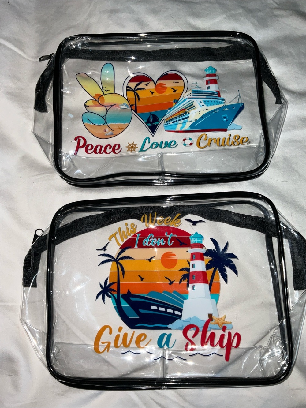 Clear Travel Bag with Black Trim - Zipper Cruise Themed 2 Pack